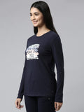 Enamor Essentials Full Sleeve Round Neck Slim Fit Stretch Cotton Lounge Tshirt For Womens-E157 (E157_Navy/ Peace_L)