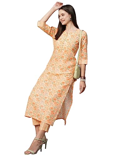 Gosriki Women'S Cotton Blend Printed Straight Kurta With Pant (Alohi Orange-N2W-Gs_S_Orange_Small),Orange,,B0C8DKYSJL
