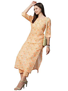 Gosriki Women'S Cotton Blend Printed Straight Kurta With Pant (Alohi Orange-N2W-Gs_S_Orange_Small),Orange,,B0C8DKYSJL