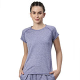 Enamor Athleisure Women's Raglan Sleeves Scoop Neck Slim Fit Quick Dry 4 Way Stretch Antimicrobial Active Tee with Reflective Graphic- E089(E089-Greek Blue Melange/ Matrix Ref-M),Greekbluemel/Matrix