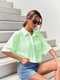 Toplot V-Collar Solid Crop Shirt For Women With Half Sleeves (Crop-Shirt-5183-Pista-L),Pista,,B0D5VC6FCP