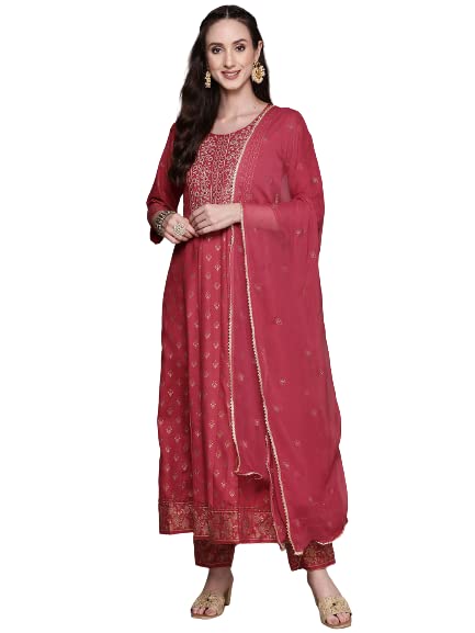 anubhutee Women's Rayon Embroidered Mirror Work Anarkali Kurta suit set with Dupatta & Pants ABWSD2352_FS_M_Fuchsia