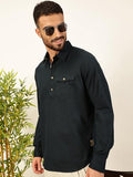 Thomas Scott Men Solid Cotton Linen Kurta Shirt (Ts1531_Navy, L)