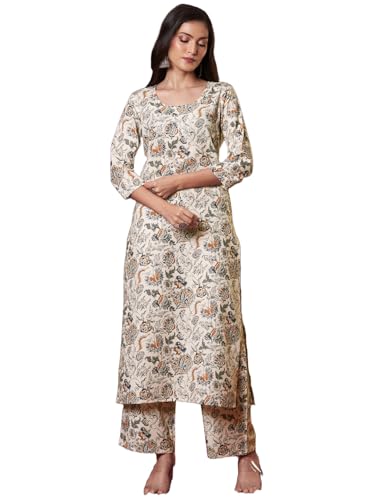Anni Designer Women'S Rayon Viscose Straight Printed Kurta With Pant (Tirah Cream-Vks01_Xxl_Cream_Xx-Large),Cream,2XL