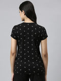 Enamor Essentials Short Sleeve Round Neck Slim Fit Stretch Cotton Lounge Tshirt For Womens-E247 (E247_Jet Black Deer Aop_S)