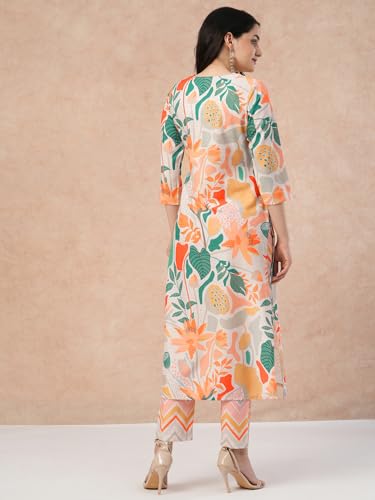 Anni Designer Women'S Cotton Blend Straight Printed Kurta With Pant (Yaka Cream_S_Cream_Small),Cream,S,Cotton Blend,Regular,