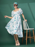 Oomph! Women'S Western & Fusion Wear Printed Crepe Dress For Women Puffed Sleeve Blue - Md1042,Aquamarine BlueApparel,S