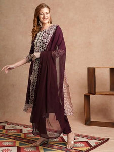 Gosriki Women'S Rayon Blend Straight Embroidered Kurta With Pant & Dupatta (Trp Wine-Gs_S_Wine_Small),Wine,,B0DC6KQ18S