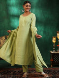 Libas Womens Embroidered Silk Blend Straight Kurta With Palazzos And Dupatta Green Xs