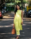 Anni Designer Women'S Rayon Blend Straight Block Printed Kurta With Pant (Lemon-Lime_Xxl_Green_Xx-Large),Green,2XL,Rayon Blend,Regular,