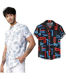LookMark Men's Cotton Blend Casual Beach Wear Shirts | Stylish Printed Shirts for Men | Comfortable Summer Wear | Party Vacation & Daily Casuals (Pack of 2) (Printed Shirt Blue Leaf-Alpha-M),Blue-Black-02