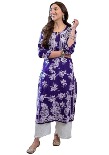 Anni Designer Women'S Rayon Blend Chikankari Embroidered Straight Kurta (Sceros Violet-Nw_Xl_Violet_X-Large),Violet,XL
