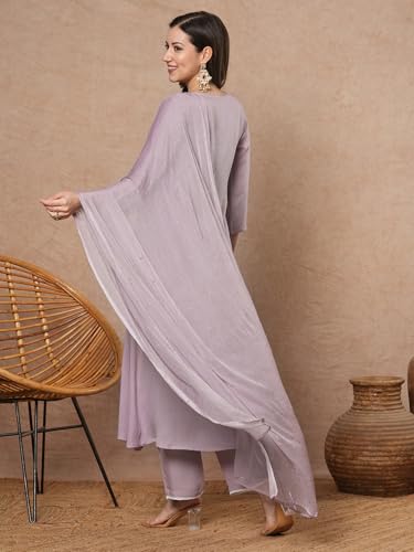 Anni Designer Women'S Rayon Blend A-Line Embroidered Kurta With Pant & Dupatta (Sharmi Lavender-Vks01_L_Lavender_Large),Lavender,L,Rayon Blend,Classic,