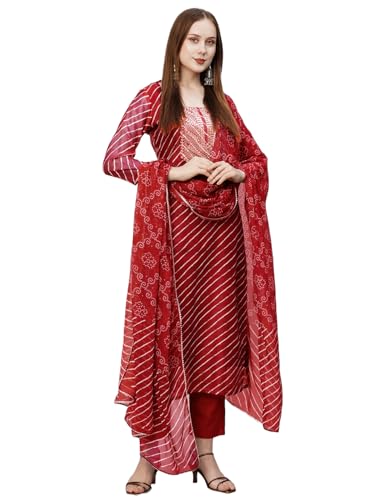 Anni Designer Women'S Cotton Blend Straight Printed Kurta With Pant & Dupatta (Doremi-Red-Bhn_M_Red_Medium),Red,M