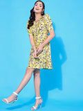 Oomph! Women'S Western & Fusion Wear Below Knee Shift Yellow Dress In Crepe Fabric With Round Neck And Puff Sleeves - Md621M