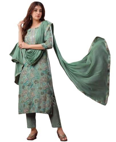 Anni Designer Women'S Rayon Viscose Straight Printed Kurta With Pant & Dupatta (Vice Green-Vks04_M_Green_Medium),Green,M