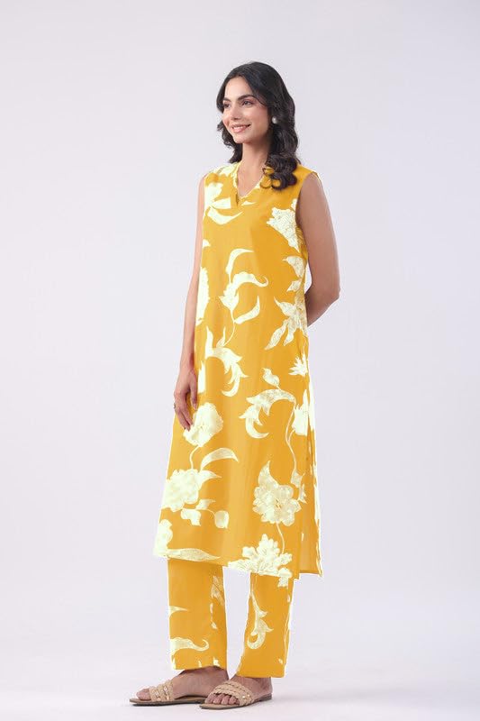 Anni Designer Women'S Rayon Viscose Straight Printed Kurta With Pant (Teras Yellow-Vks01_Xl_Yellow_X-Large),Yellow,XL,,,