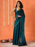 Womanista Women'S Women Jimmychoo Saree Ll Women Embellished Lace Saree Ll Women Belt Saree Ll Un-Stitched Blouse Saree Teal Onesize