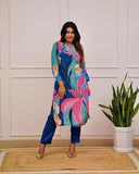 Anni Designer Women'S Cotton Blend Straight Printed Co-Ord Set (Yup Blue Co-Ord_S_Blue_Small),Blue,S,Cotton Blend,Regular,Kurta