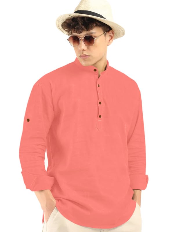 Royalscout Men'S Cotton Polyester Blend Solid Regular Fit Full Sleeve Short Kurta Peach