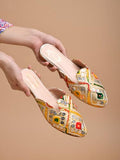Shoetopia Women'S Multicolor Embroidered Traditional Slip-On Mules Ethnic Jutti Style Flats With Mirror Work Gold Base,Gold,6,B0DJJW6D8W