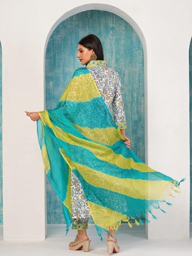 Anni Designer Women'S Rayon Blend Printed Straight Kurta With Pant & Dupatta (Sthula Multi-Nw_Xl_Green_X-Large),Green,XL,Rayon Blend,Regular,