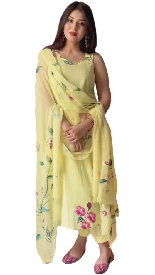 Anni Designer Women'S Rayon Viscose Straight Printed Kurta With Pant & Dupatta (Rehnuma Yellow_S_Yellow_Small),Yellow,S