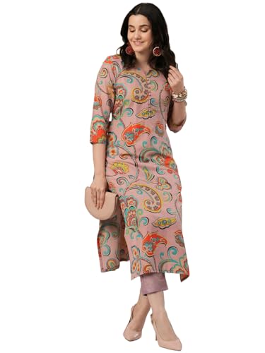 Anni Designer Women'S Cotton Blend Straight Printed Kurta With Pant (Tinka Peach_Xxl_Peach_Xx-Large),Peach,2XL