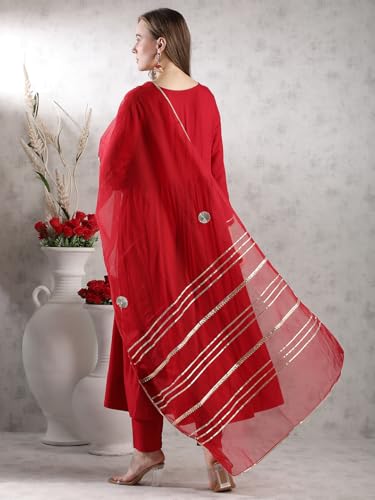 Gosriki Women'S Rayon Blend Anarkali Solid Kurta With Pant & Dupatta (Jaynti Red-Vks03-Gs_L_Red_Large),Red,,B0DJWFFQ4C