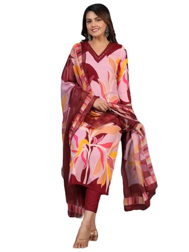 Anni Designer Women'S Rayon Blend Printed Straight Kurta With Pant & Dupatta (Khissu Maroon-Nw_L_Maroon_Large),Maroon,L