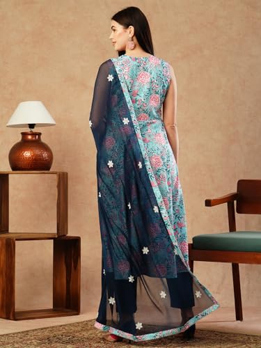 Anni Designer Women'S Cotton Blend Anarkali Printed Kurta With Pant & Dupatta (Goanni Blue-Fka_Xl_Blue_X-Large),Blue,XL,Cotton Blend,Anarkali,Dupatta