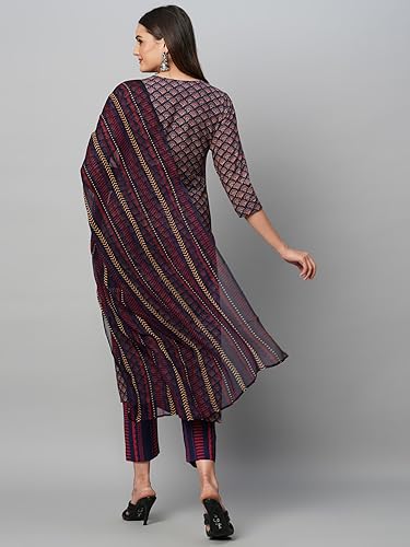 Anni Designer Women'S Cotton Blend Straight Printed Kurta With Pant & Dupatta (Farali Blue_Xl_Blue_X-Large),Blue,XL,Cotton Blend,Regular,Dupatta