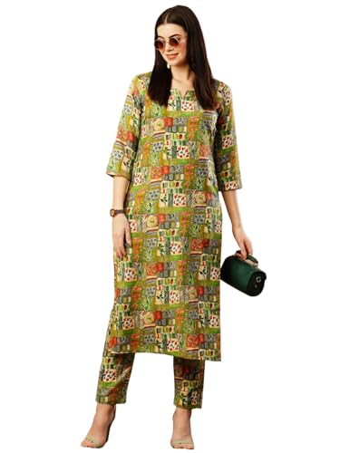 Anni Designer Women'S Cotton Blend Straight Printed Kurta With Pant (Ing 10 Green-Nw_S_Green_Small),Green,S
