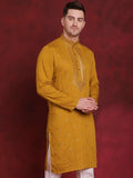 Jompers Sequins Embroidered Kurta Pyjama Set For Men. (Mustard, L)