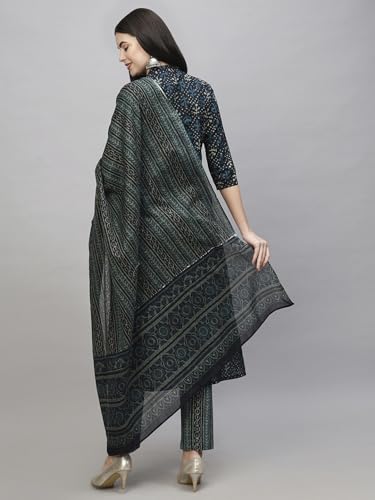 Anni Designer Women'S Cotton Blend Straight Printed Kurta With Pant & Dupatta (Vakula Green_Xxl_Green_Xx-Large),Green,2XL,Cotton Blend,Straight,Dupatta