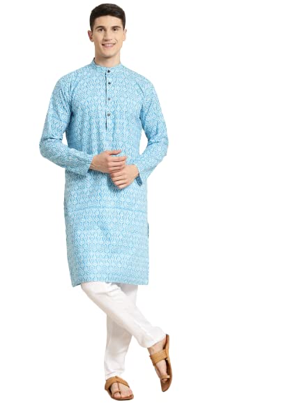 Sojanya (Since 1958 Men'S Cotton Turquoise Blue & White Print Kurta & White Churidar Pyjama Set
