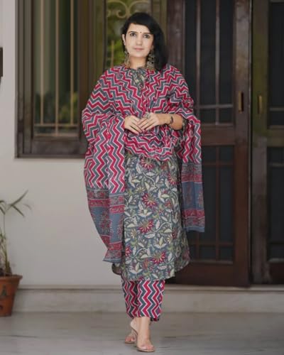Anni Designer Women'S Rayon Blend Straight Printed Kurta With Pant & Dupatta (Antari Grey_S_Grey_Small),Grey,S,Rayon Blend,Regular,