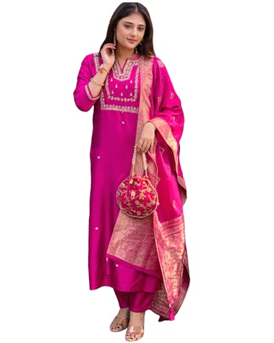 Anni Designer Women'S Silk Blend Straight Embroidered Kurta With Pant & Dupatta (Manushi Pink-Vks05_Xxl_Pink_Xx-Large),Pink,2XL