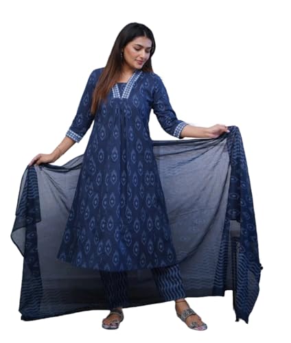 Alvami Women Anarkali Kurta and Pant Set with Dupatta (XL) Blue