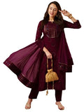 Gosriki Women'S Cotton Blend Straight Printed Kurta With Pant & Dupatta (Nov Wine-Gs_S_Wine_Small),Wine,,B0D9WFKKCD