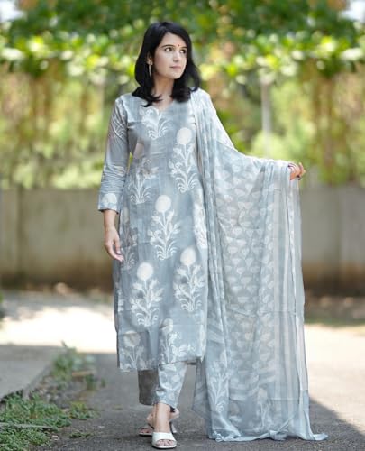 Anni Designer Women'S Rayon Blend Floral Straight Kurta With Pant & Dupatta (Zuri Purple_Grey_Small),Grey,S,Rayon Blend,Regular,