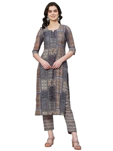 Gosriki Women'S Cotton Blend Straight Printed Kurta With Pant (Annu Grey-Gs_M_Grey_Medium),Grey,,B0CQPGV69S