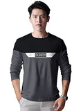 Eyebogler Men'S Roundneck Cotton Fabric Color Block Pattern,Fullsleeve Charcoal Grey White Color Tshirt, L (T312)