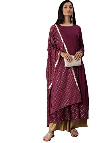 Anni Designer Women'S Rayon Gold-Toned Solid Kurta With Palazzos & Dupatta (Purple Xl),Purple,XL