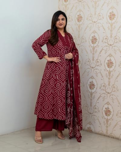 Anni Designer Women'S Rayon Viscose Anarkali Printed Kurta With Pant & Dupatta (Vangala Maroon_L_Maroon_Large),Maroon,L,Rayon,Kurta Set,