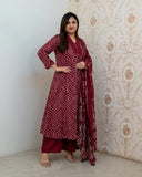 Anni Designer Women'S Rayon Viscose Anarkali Printed Kurta With Pant & Dupatta (Vangala Maroon_L_Maroon_Large),Maroon,L,Rayon,Kurta Set,