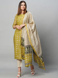 Anni Designer Women'S Cotton Blend Straight Printed Kurta With Pant & Dupatta (Stamp Green_S_Green_Small),Green,S,Cotton Blend,Regular,Dupatta