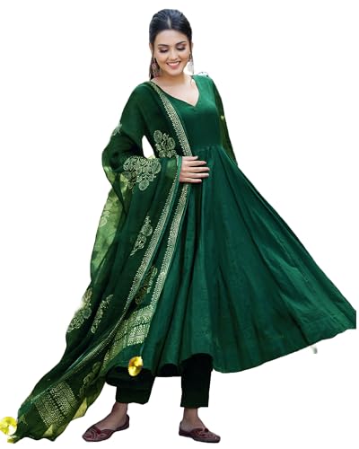 Anni Designer Women'S Rayon Blend Solid Anarkali Kurta With Pant & Dupatta (Magic-Green-Nw_Xxl_Green_Xx-Large),Green,2XL