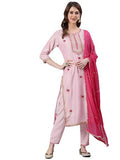 Ishin Women'S Viscose Rayon Embroidered A-Line Kurta Suit Set With Dupatta & Pants Kpldpnkmp-10063_Xl_Pink