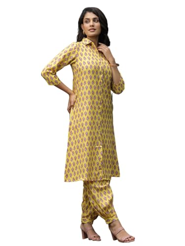 Leriya Fashion RAYON PRINTED A-LINE FRONT OPEN CO-ORD KURTA SET FOR WOMEN (LF-W2126&TR1093-S-YELLOW)